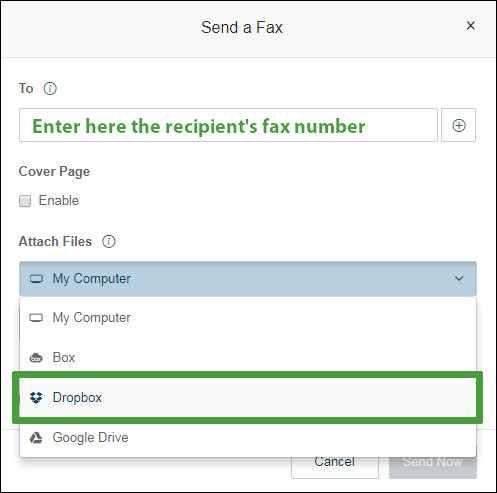 select dropbox to send fax